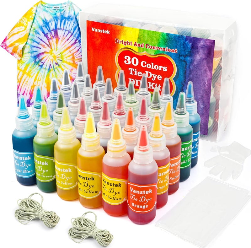 Vanstek 30 Colors Tie Dye Kit, Tie Dye Shirt Fabric Dye for Women, Kids, Men, with Rubber Bands, Gloves, Plastic Film and Table Covers for Family Friends Groups Party Supplies - Image 1